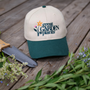 Tan great garden plants hat with green bill