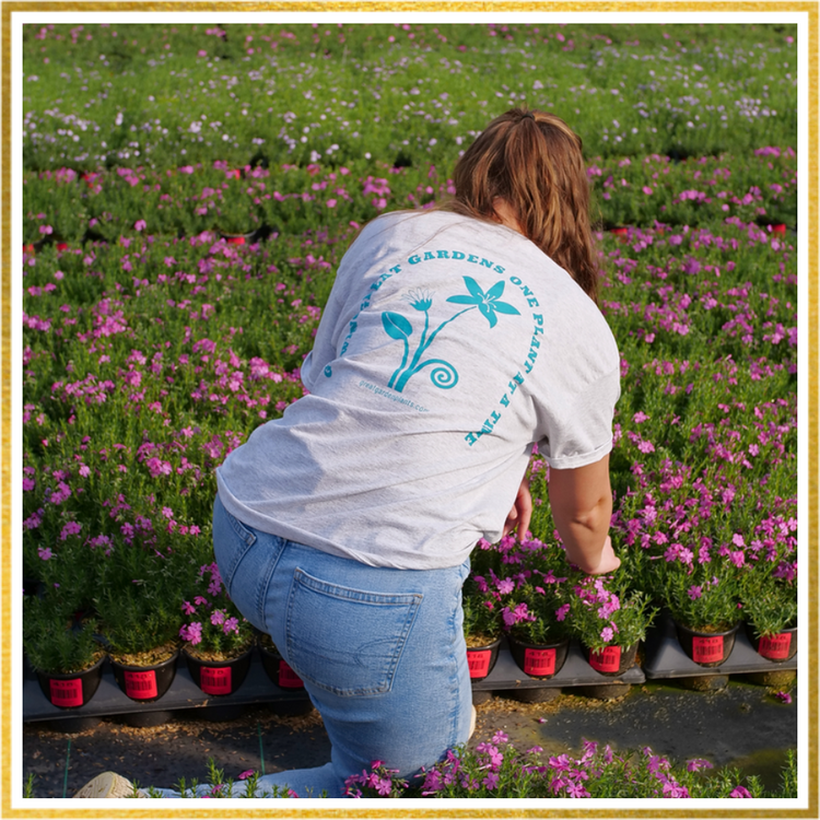 Woman gardening in Great Garden Plants t-shirt