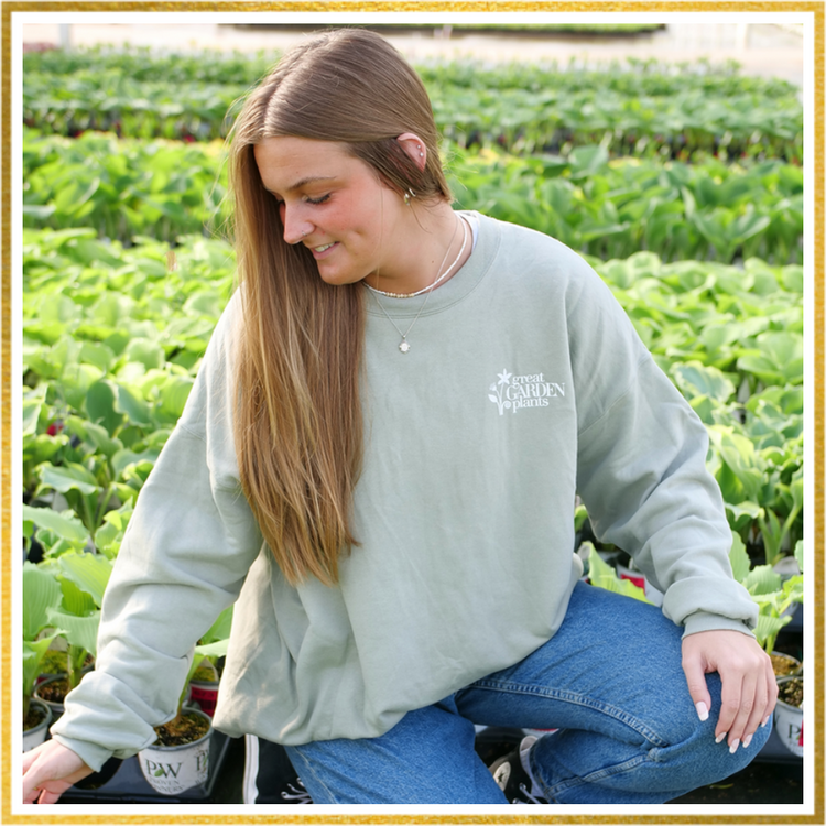 Cozy Great Garden Plants sweatshirt worn by blonde young woman