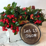 Bright red berries shining bright in white container with holiday décor
