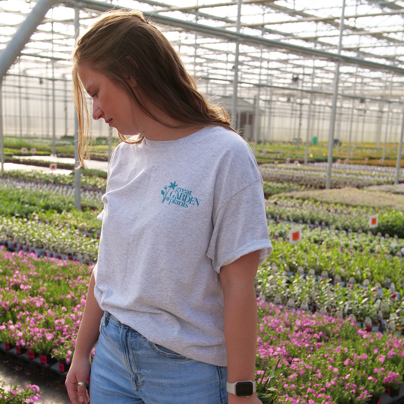 T-shirt gris Great Garden Plants dans une serre
